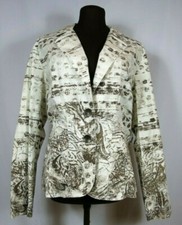 Chicos Size 1 Brown White Batik Cotton Jacket Blazer Stretch Pockets Buttons Med