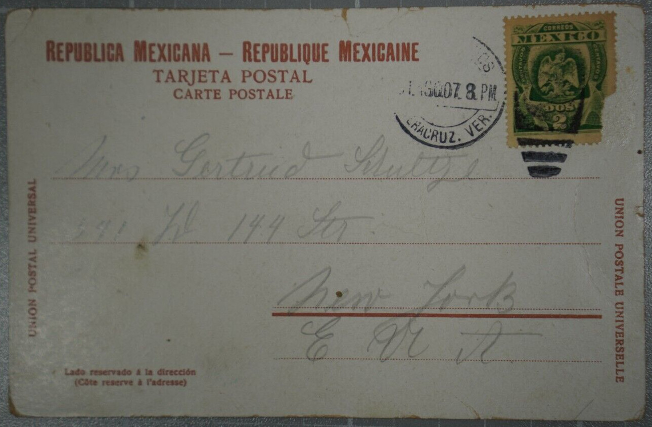 Mexico 1907 Cover, Veracruz to NY USA, Verazruz Mexico JCS 562 Postcard