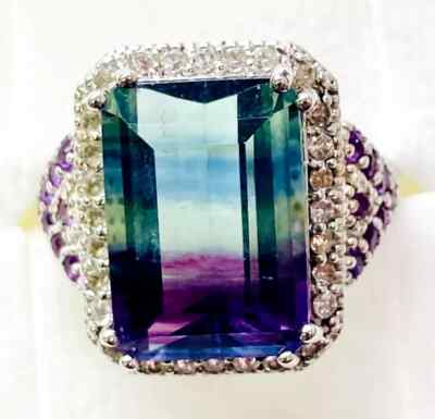 HSN Colleen Lopez Sterling Silver 9.09ctw Bicolor Fluorite & Gemstone Ring SZ 6