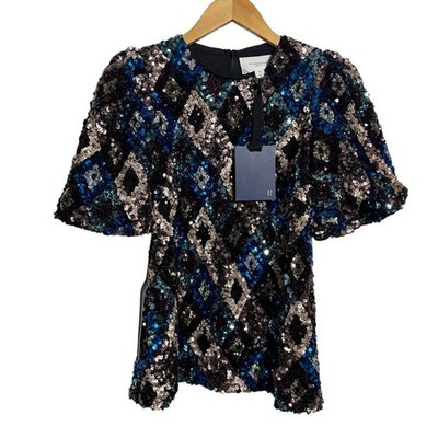 Pomander Place Multi Sequin Jada Blouse Women XS Blue Diamond Pattern Sparkle 