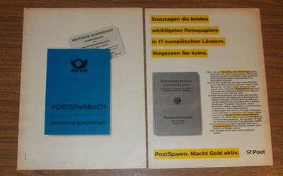 Seltene Werbung BUNDESPOST Postsparbuch & Perso - Wichtigste Reisepapiere 1985