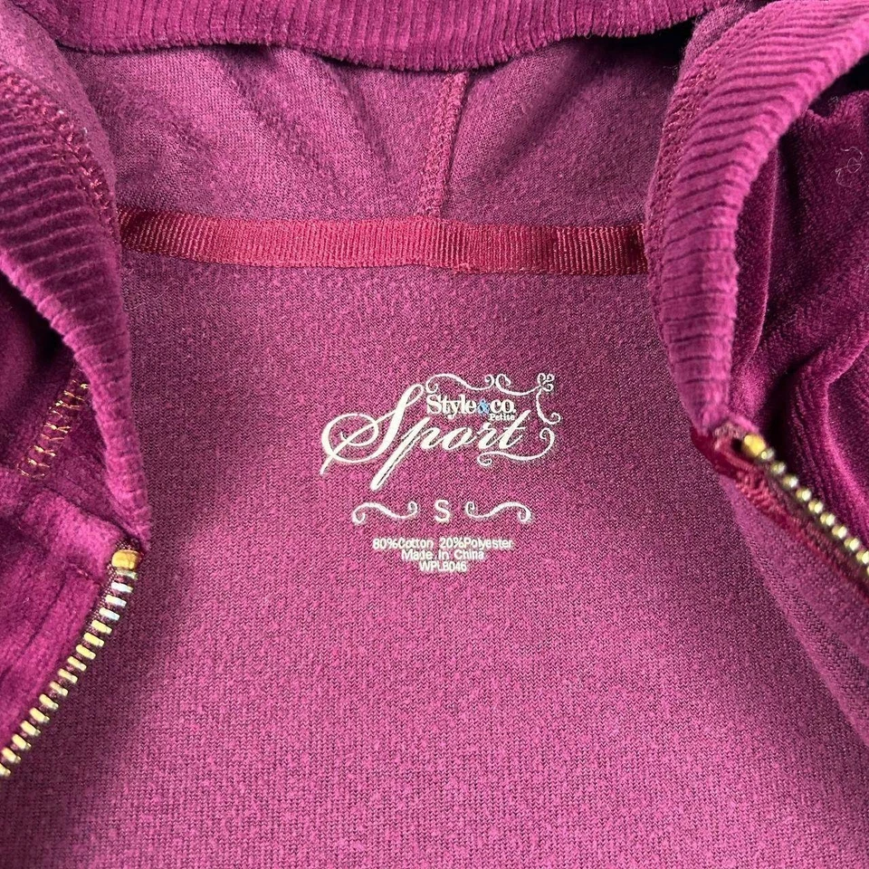 VTG Style & Co Women's Soft Velour Burgundy Zip Up Track Jacket Hoodie Size S - Image 4 of 4