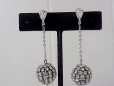 Vintage 1950s-60s Rhinestone Silver Tone Disco Ball Dangle Clip Earrings
