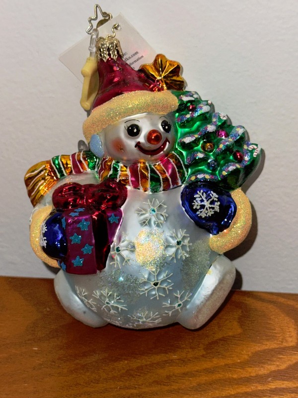 VINTAGE CHRISTOPHER RADKO " CHUBBY CHEER DELIGHT"  SNOWMAN HOLDING TREE ORNAMENT