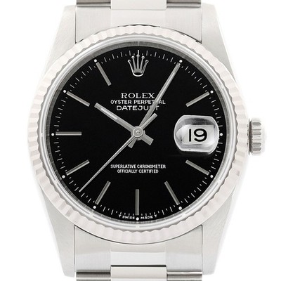 Rolex Datejust Schwarzes Zifferblatt 18K Weißgold & SS Oyster Armband Uhr 16234