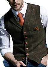 Casual Men's Vest for Wedding Plaid Soft Wool Tweed Waistcoat for Small Coffee