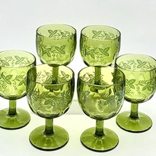 Vintage Bartlett Collins Green Grape Leaf Thumbprint Glass Goblet Set 6