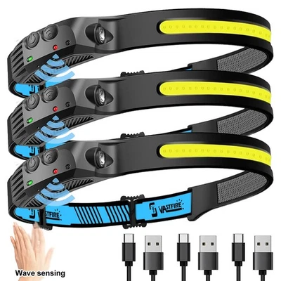 3X Stirnlampe COB+LED Kopflampe USB Wiederaufladbar Bewegungssensor 5Modi - Bild 1 von 4
