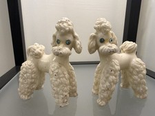 Vintage Dogs Pair Of Chalk Poodle Dogs Figurines Ornaments 1950s Kitsch Flatback