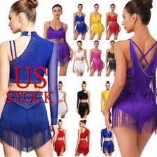 US Womens Salsa Latin Dance Performance Costume Set Crop Top with Tassels Skirts