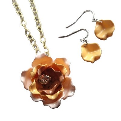 Pfirsich Rose Anhänger Halskette & Ohrringe Set Aprikose Blume
