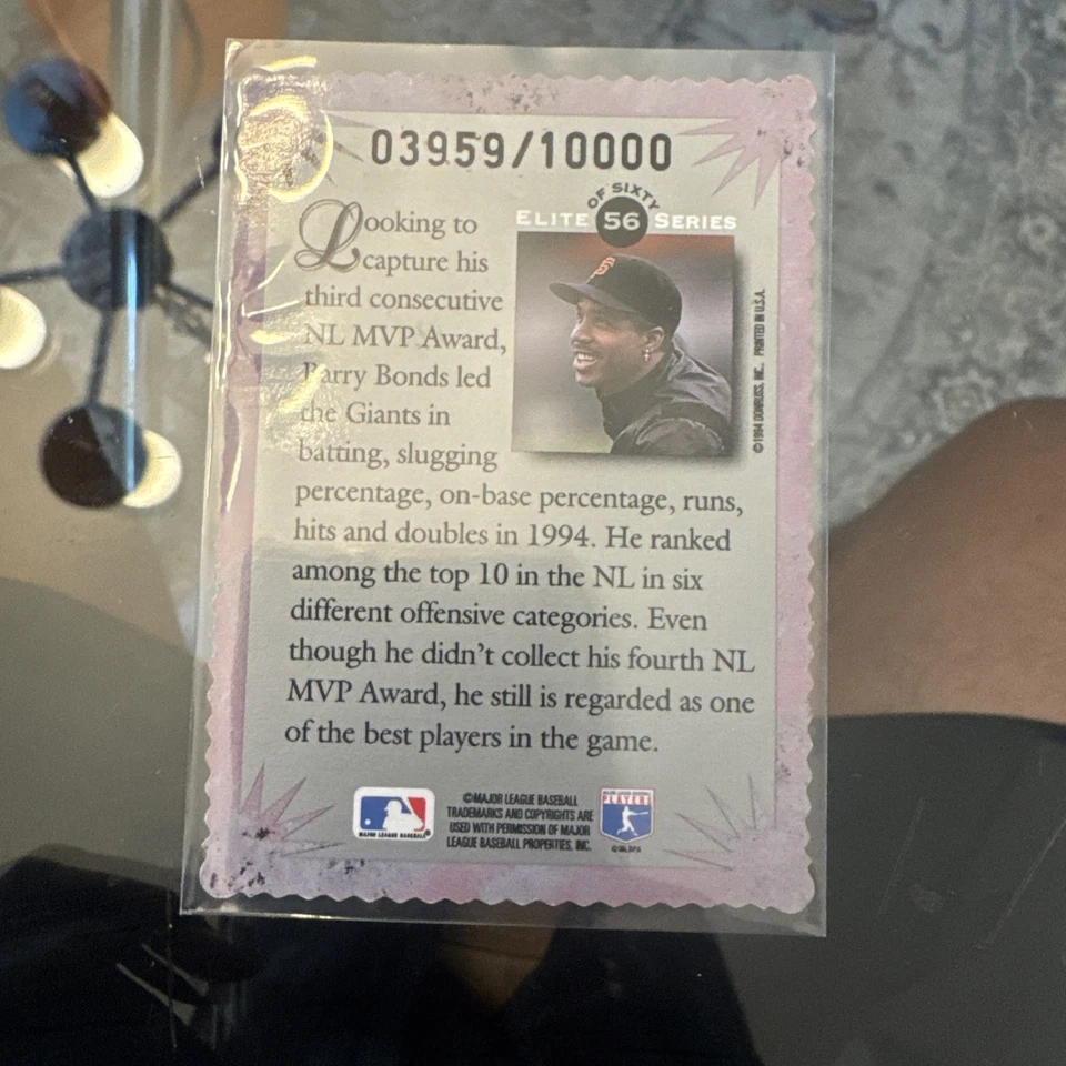 1995 Donruss Baseball DIECUT ELITE SERIES FOIL BARRY BONDS #d 6338/10000  - Image 2 of 4