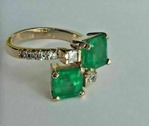 2.10 Ct Natural Emerald Art Deco Antique Vintage Ring 14K Yellow Gold Finish