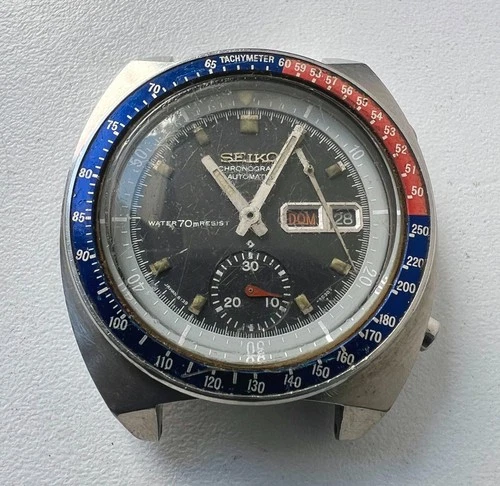 SEIKO 6139-6002 Automatic Chronograph Watch Vintage Mens POGUE Black Dial 17 J