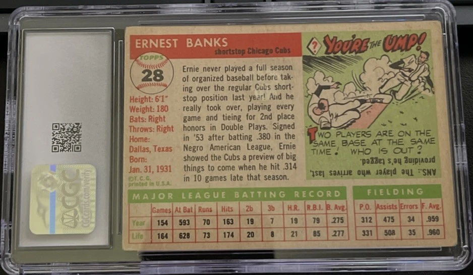 Tarjeta de béisbol 1955 Topps #28 Ernie Banks CGC 4 en muy buena condición/ex Chicago Cubs Salón de la fama 🔥 Foto 2 de 4