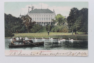 29387 Postcard Zwickau Swan Castle with Gondola Pond Rowingers Swans 1905