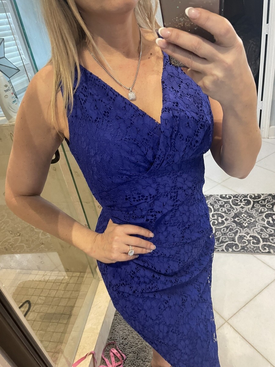 Chaps Ralph Lauren Royal Blue Lace Sleeveless Dress Ruched Side