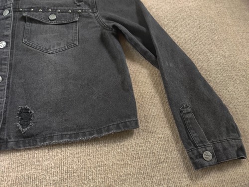 Crave Fame Almost Famous Denim Jean Jacket L Black Studs Distressed Grunge Skate - Picture 8 of 12