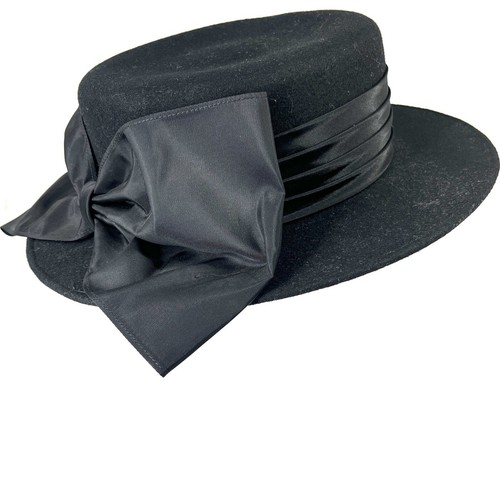 Vtg Michael Howard Black Boater Hat Big Bow Ribbon Wool Brimmed Church Hat S