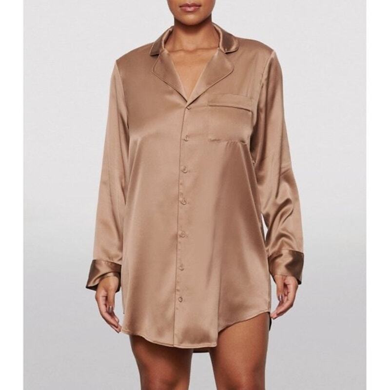 skims silk button up night dress SKIMS Silk Button Up Night Dress | Medium Brown