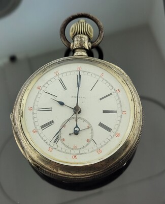 56mm Rare PIONEER Pocket Watch Half Hunter Silver Tone Metal (Running)