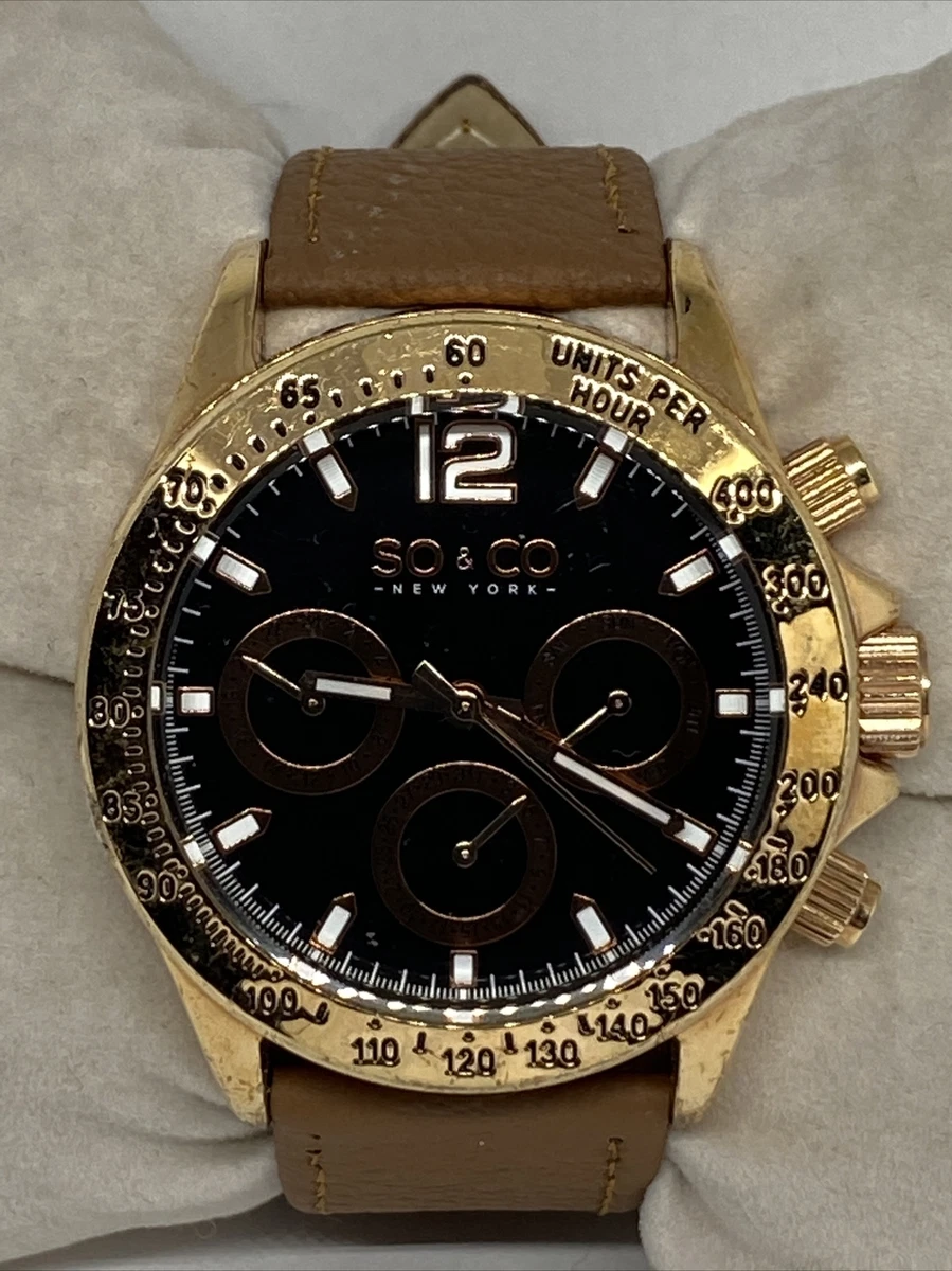 SO CO Men s Brown Leather Analog Quartz Black Dial Genuine Wrist Watch VK290