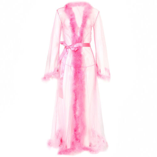 Sexy See-through Mesh Long Sleepwear Robe with Belt Sheer Lingerie Dress Gown - Picture 21 of 24