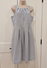 Nine West Blue and White Seersucker Sleeveless Pleated Dress Sz Small