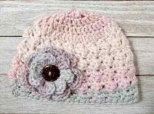 handmade crochet baby flower hat newborn beanie 0/3 blossom pink puffs