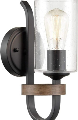 Farmhouse Black & Wood Grain Wall Sconce - Industrial Glass Bathroom Light