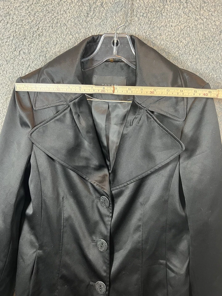 Tahari Coat Black Wool Satin Long Formal Dress Coat Blazer 3 Big Buttons Foto 4 de 4