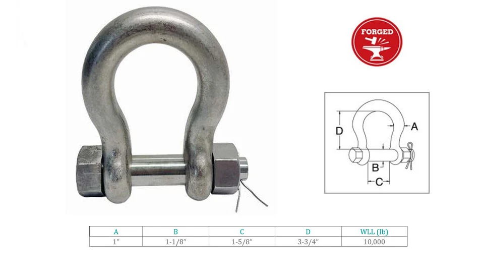 Marine T316 Stainless Steel Drop Forged 1" Bolt Pin Anchor Shackle 10,000 Lb WLL - Image 2 of 4