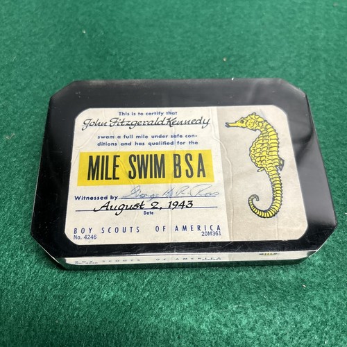 John F Kennedy 1943 MILE SWIM Boy Scouts of America Certificate CARD Embedment
