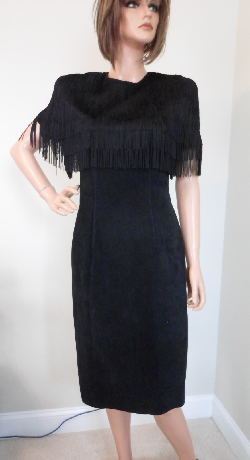 1980's VINTAGE Pia Rucci  Black Suede Fringed  Dr… - image 1