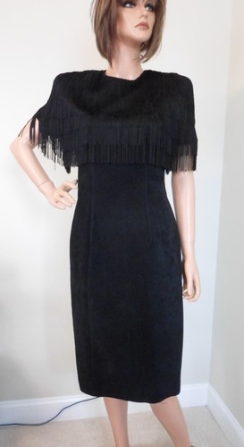 1980's VINTAGE Pia Rucci  Black Suede Fringed  Dress Neiman Marcus~Size 8