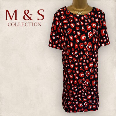 M&S Collection Navy Red Crepe Animal Print Short Sleeve Shift
