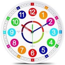 Kids Wall Clock - Non-Ticking, Battery-Operated Time Teaching 10 Inch White