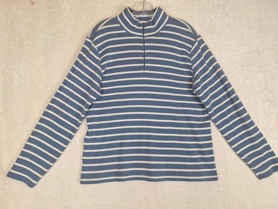 LL BEAN Sweater Womens XL Ribbed Striped 1/4 Zip Pullover 100% Cotton Blue White