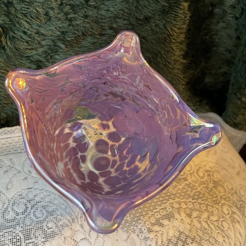 Terra Studios Handblown Art Glass Iridescent Vase Pink Green Purple on Pedestal - Picture 4 of 10