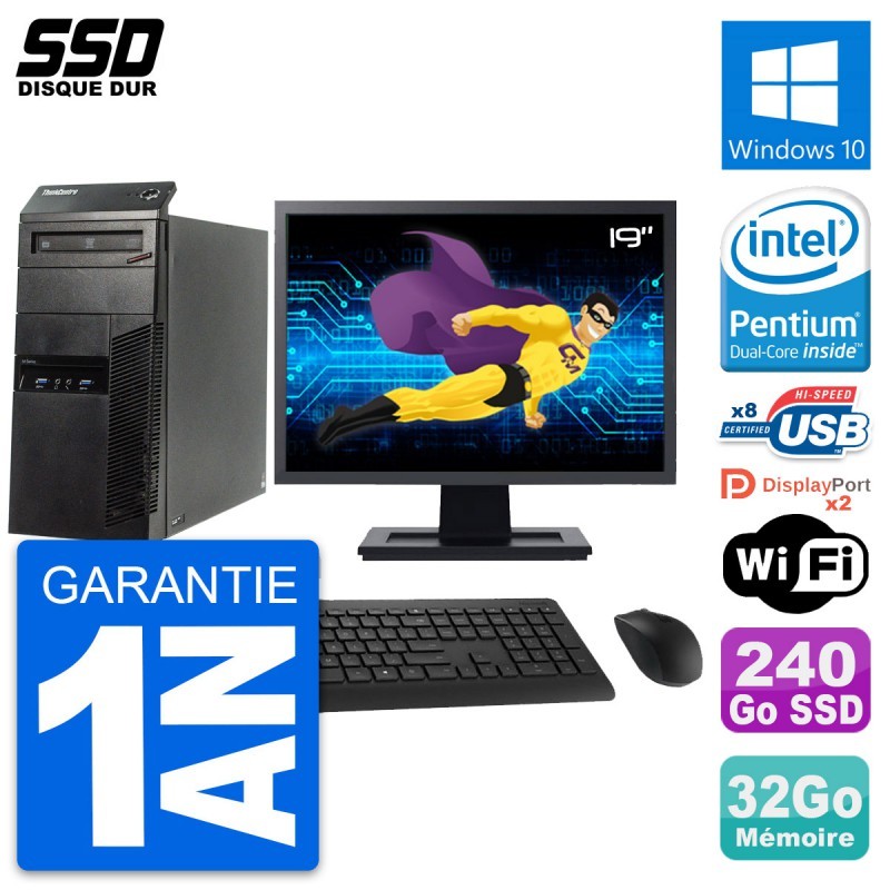 PC Tour Lenovo M83 Ecran 19" Intel G3220 RAM 32Go SSD 240Go Windows 10 Wifi
