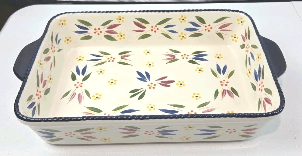 Temp-tations Old World Vivid Blue Rim 4 Qt Casserole Cake Pan Fixed handles