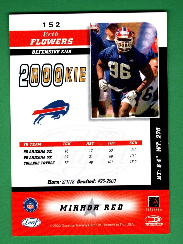 2000 Leaf Certified Mirror Red #152 Erik Flowers Buffalo Bills - Image 2 of 2