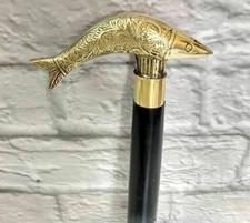 Fish Head Brass Walking Stick   36" Wooden Vintage Cane   Nautical Style