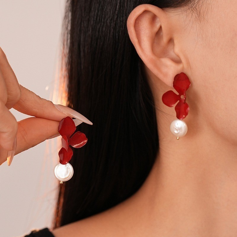 Women's Ankela Red Flower Pendant Ear Studs Imitation Pearl Earrings Alloy