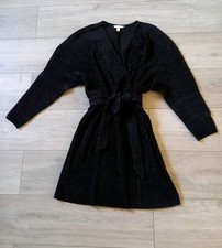 H&M Black Glitter Ribbed Stretch Flared Mock Wrap Dress Batwing Retro UK10/12