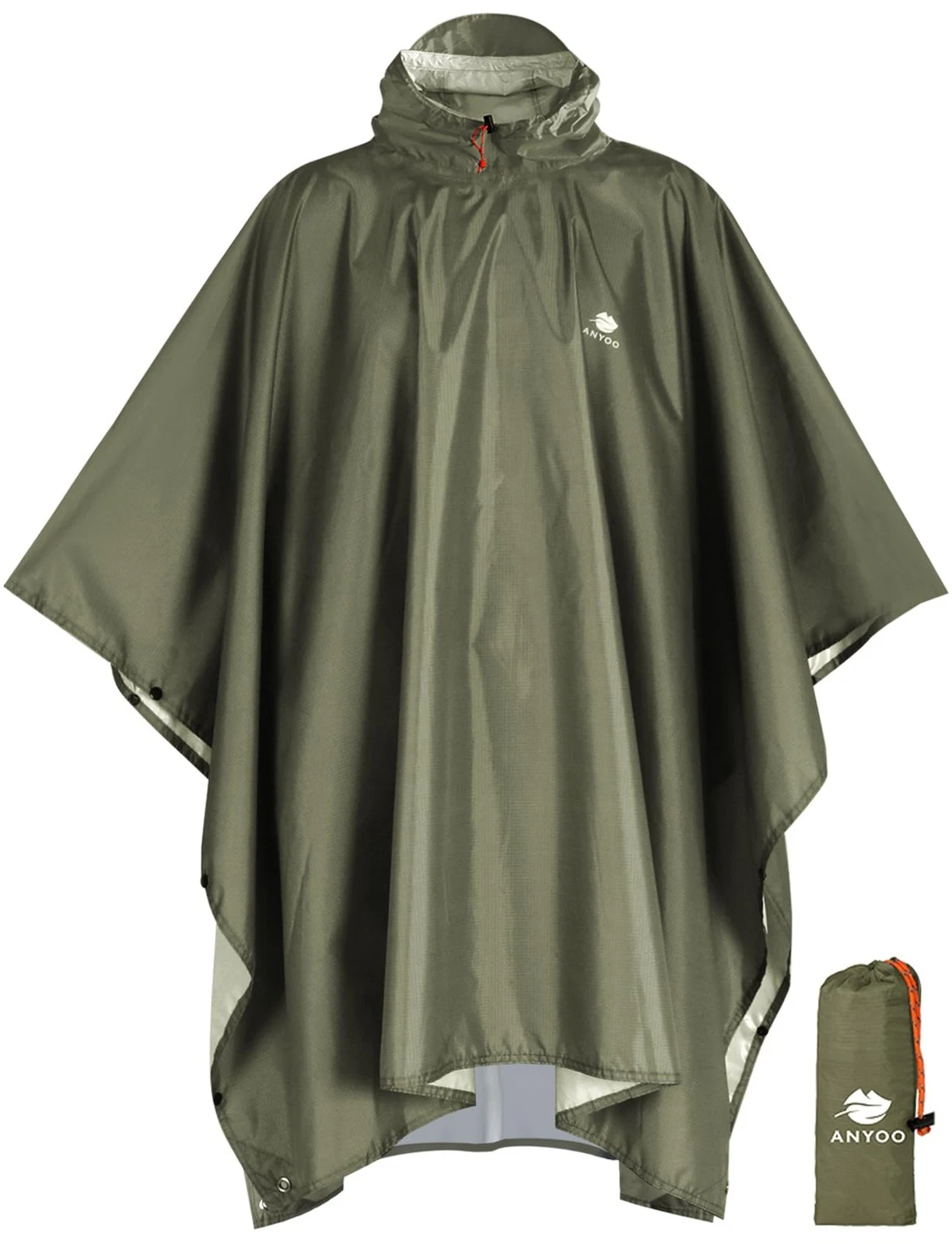ANYOO Hooded Rain Poncho for Adults Waterproof One Size, Army Green