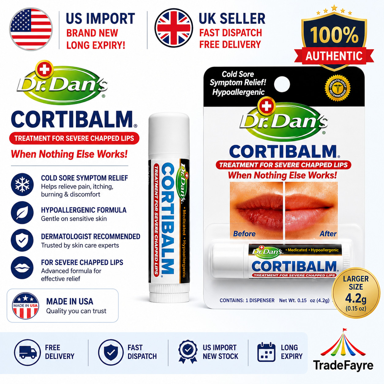 Dr Dan's CortiBalm Lip Balm Treatment For Chapped Lips, Hypoallergenic