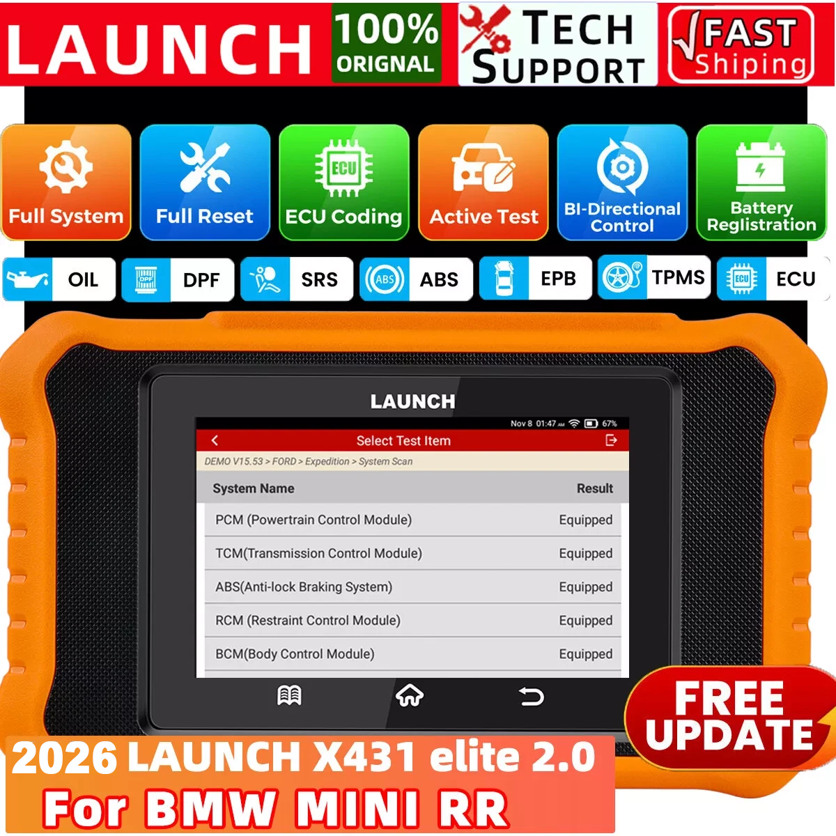 LAUNCH Creader Elite 2.0 for BMW / Mini OBD2 Scanner Key Active