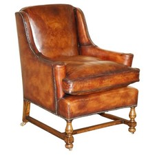 SUBLIME ANTIQUE RESTORED ENGLISH OAK & HAND DYED LEATHER WILLIAM MORRIS ARMCHAIR