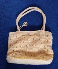 The Sak San Francisco Gold Yellow Crochet Knit Handbag Purse Floral Lining 11x7